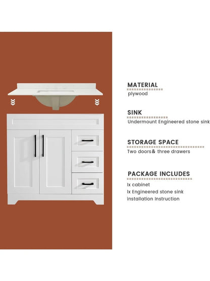 36" Luxurious Bathroom Vanity with White Stone Countertop and Rectangle Sink and Back Splash,2 Soft Closing Doors & 3 Full