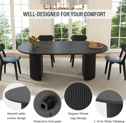 41 in-78 in Extendable Dining Room Table for 4-8,Round Expandable  Table with Fluted Base, Modern Oval Dinner (Black)