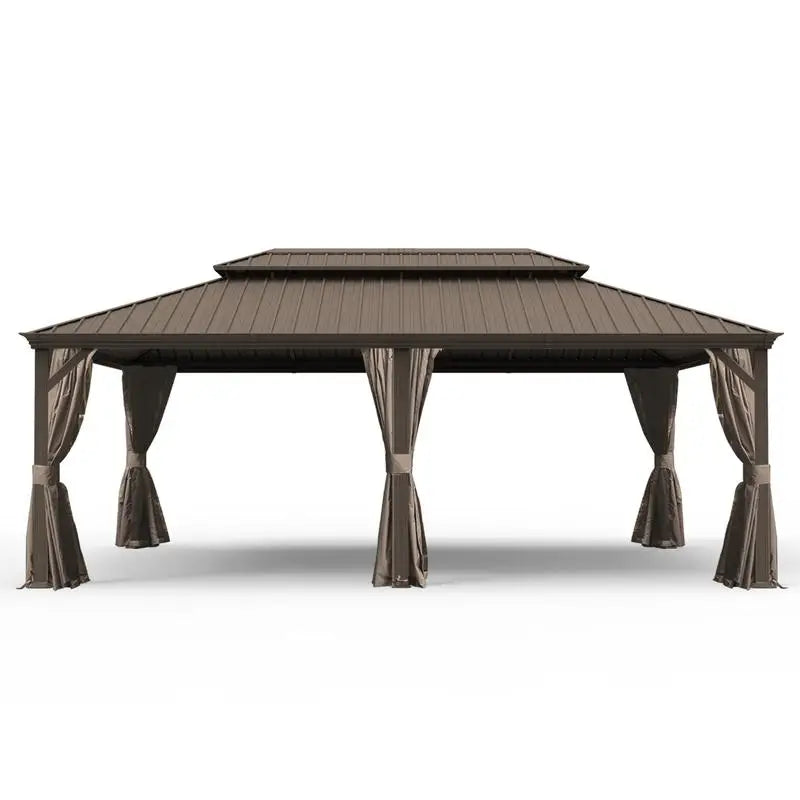 14x24 Hardtop Gazebo, Upgraded Metal Canopy with Drainage, Dual-Layer Galvanized Steel Roof, Includes Curtains & Netting,