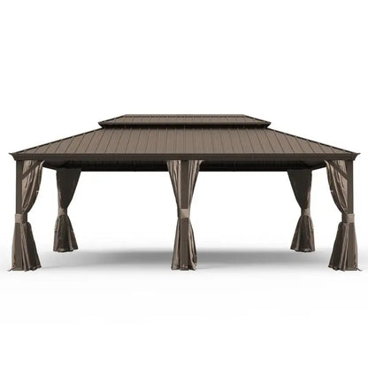 14x24 Hardtop Gazebo, Upgraded Metal Canopy with Drainage, Dual-Layer Galvanized Steel Roof, Includes Curtains & Netting,