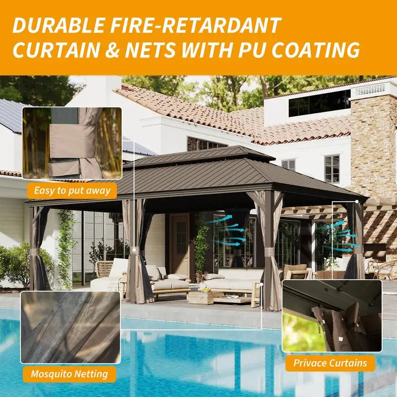 14x24 Hardtop Gazebo, Upgraded Metal Canopy with Drainage, Dual-Layer Galvanized Steel Roof, Includes Curtains & Netting,