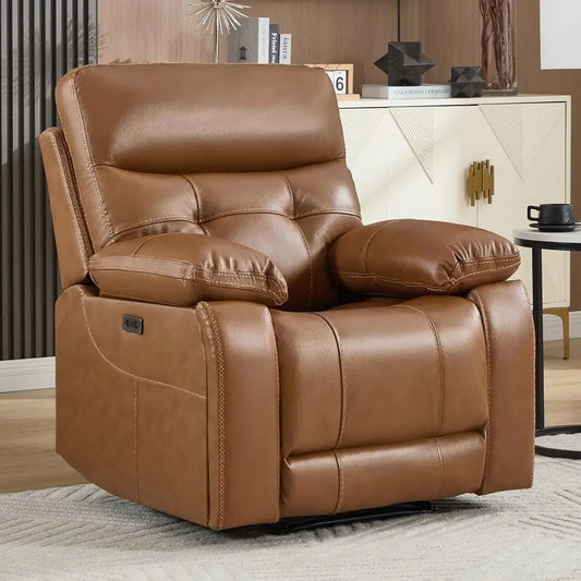 Brown Leather Power Recliner with Comfortable Arms, Back Support, Hidden Cup Holders, USB & Type-C Ports