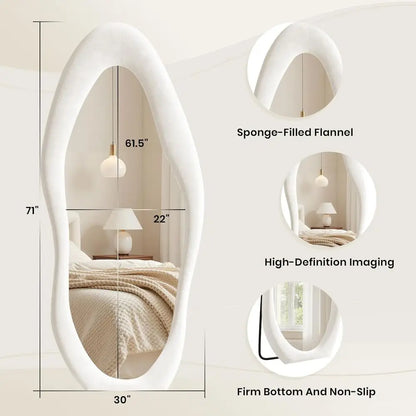 Full Length Mirror 71"x30" Irregular Full Body Wall Mounted Floor Mirror Without Stand Ivory Flannel Wrapped Frame Leaning Hangi