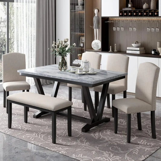 6 Pieces Dining Table Set with Bench, Rectangle Dining Table with 4 Upholstered Chairs & a Bench, Wood Kitchen Table Chairs Set