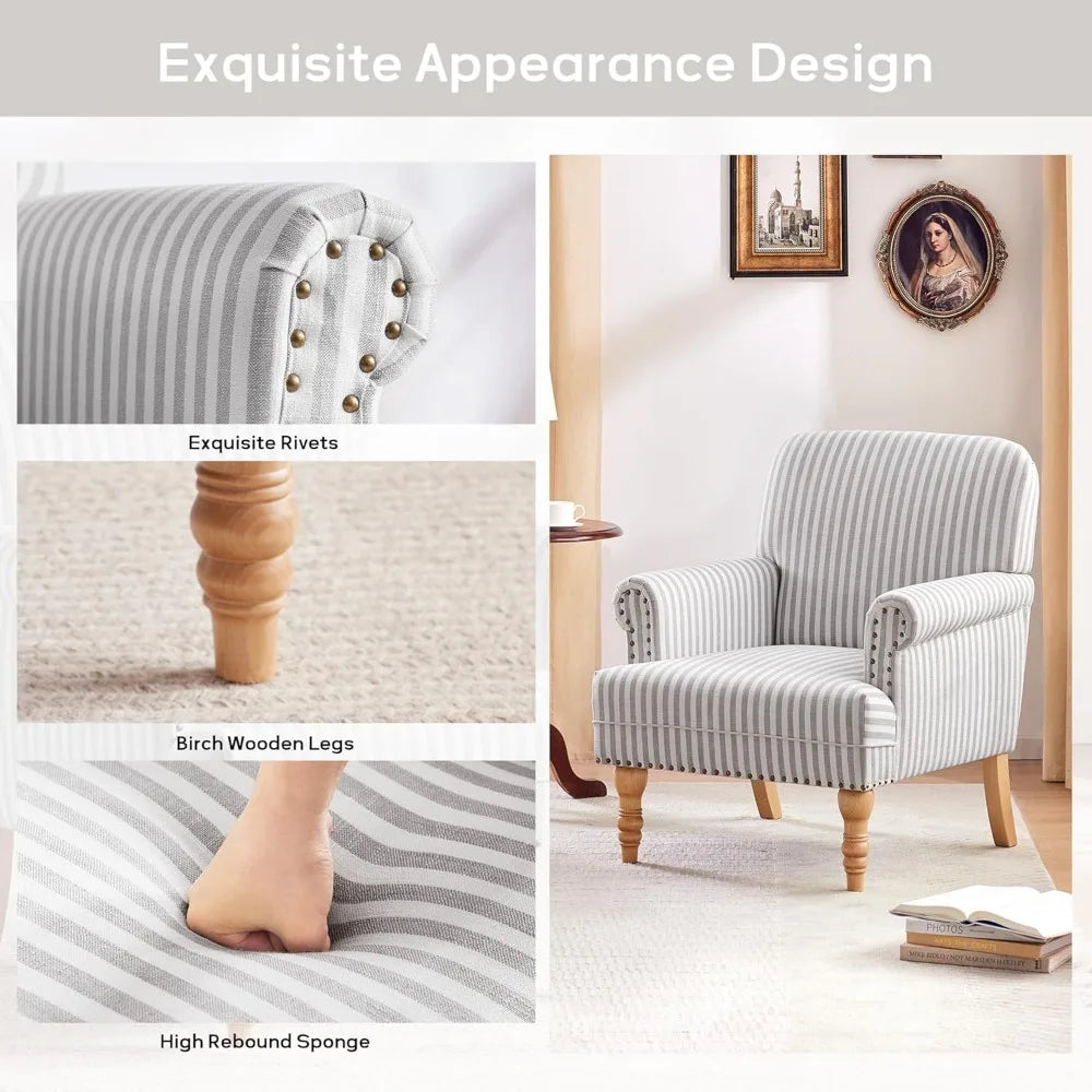 Linen Fabric Accent Chair, Mid-Century Modern Armchair with Solid Wood Legs Sofa Chair