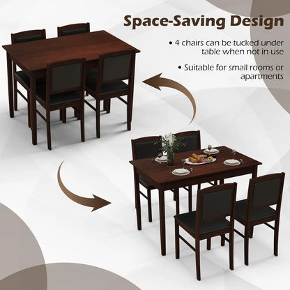 Dining Table Set for 4, Farmhouse Solid Wood Dinette Set w/Rubber Wood Legs, Upholstered Seat & Padded Backrest,, Customized