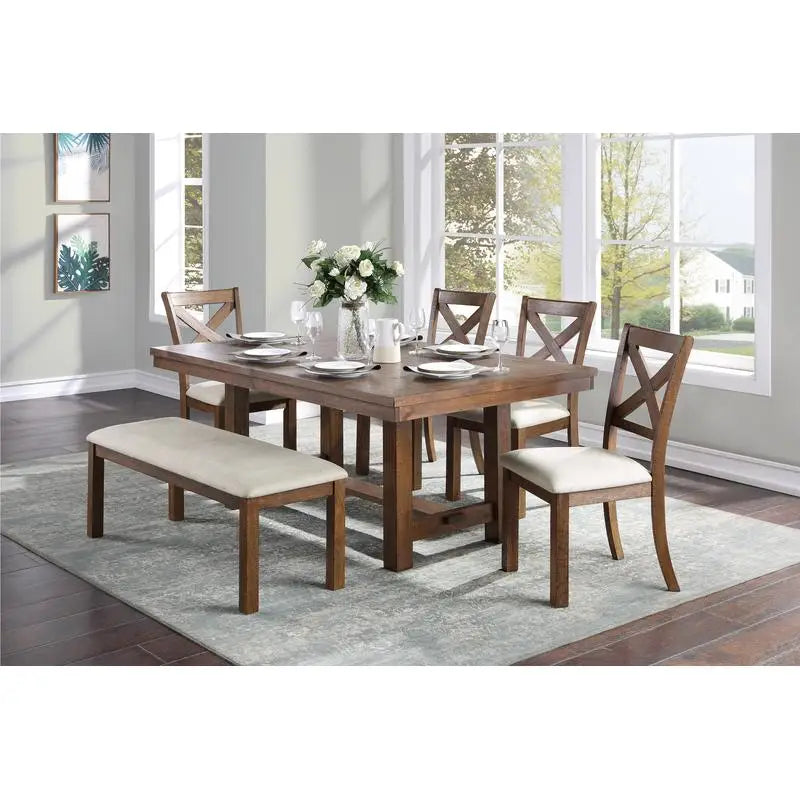 6-Pc Brown Finish Dining Set: Rectangular Table, Bench & Beige Upholstered Side Chairs for Transitional  Dining Room