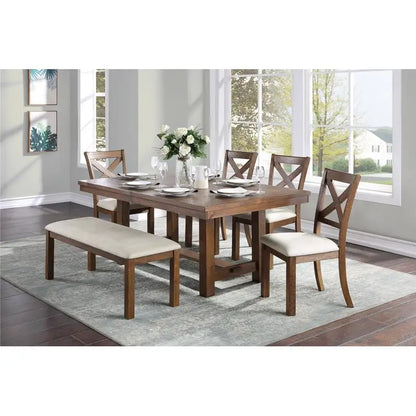 6-Pc Brown Finish Dining Set: Rectangular Table, Bench & Beige Upholstered Side Chairs for Transitional  Dining Room