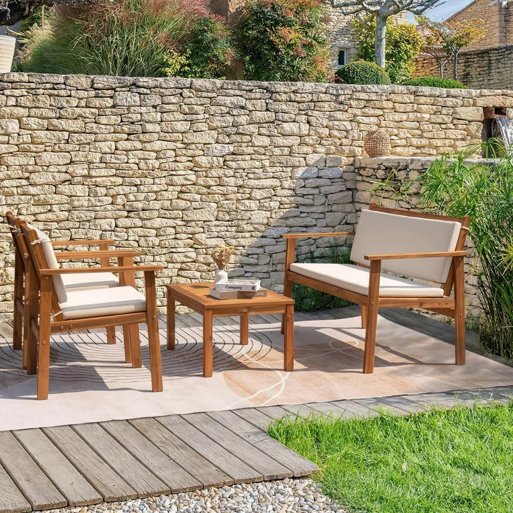 Outdoor Patio Furniture, 4 Piece Bistro Sofa Set with Coffee Table and Loveseat, Acacia Wood Conversation Sets with Cushions