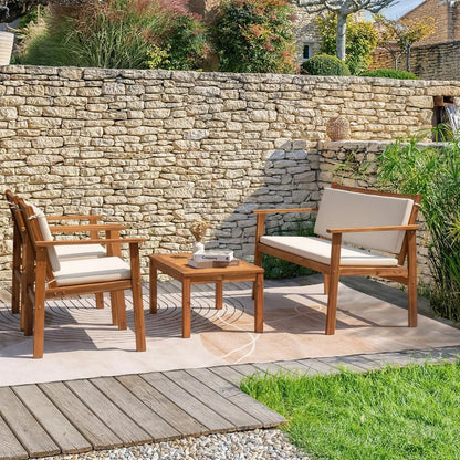 Outdoor Patio Furniture, 4 Piece Bistro Sofa Set with Coffee Table and Loveseat, Acacia Wood Conversation Sets with Cushions