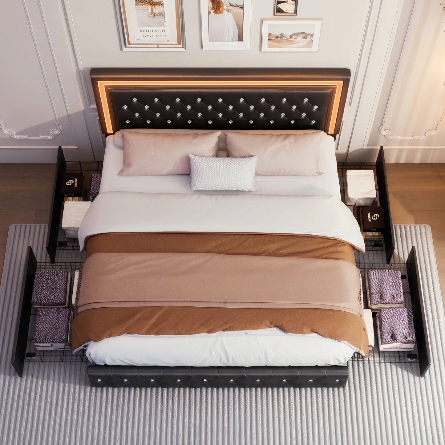 Queen LED Platform Bed Frame with 4 Storage, PU Leather, No Box Spring, Easy Assembly, 900lbs Capacity