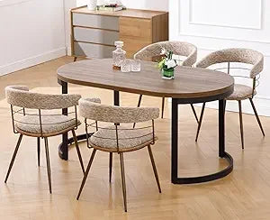 Khaki Dining Chairs Set of 4, Mid Century Modern Kitchen Chairs with Bronze Metal Legs/Curved Open Back, Chenille Fabric Side Ch
