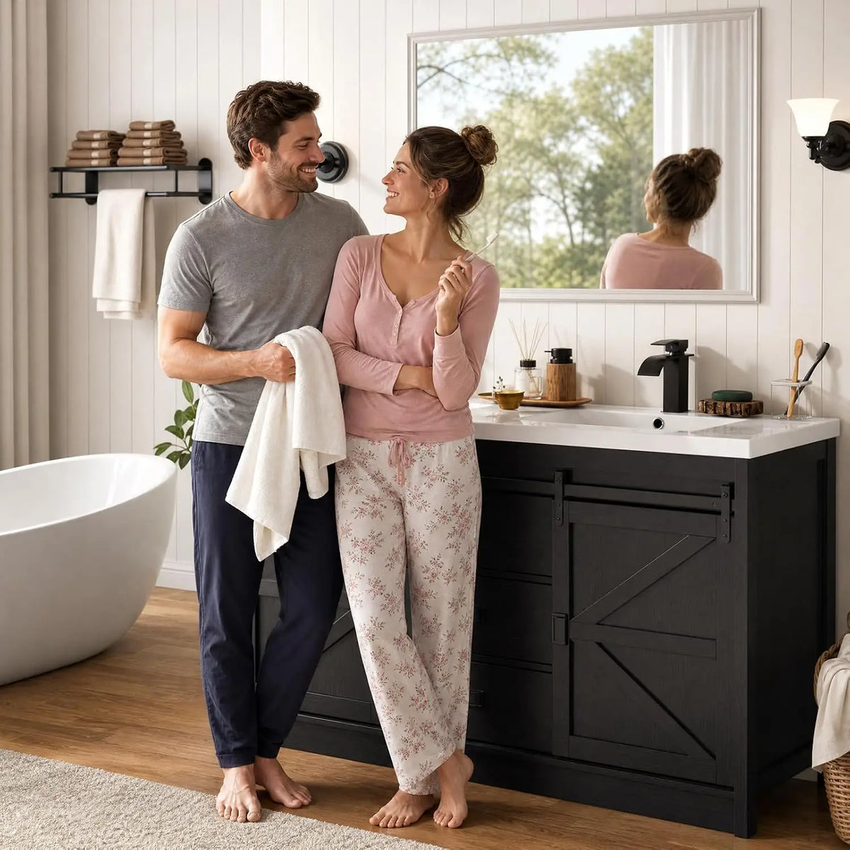 Double Bathroom Vanity with Sink & Faucet & Sewer Pipes,59" Farmhouse Bathroom Vanity Cabinet Set with 3 Storage Drawers &