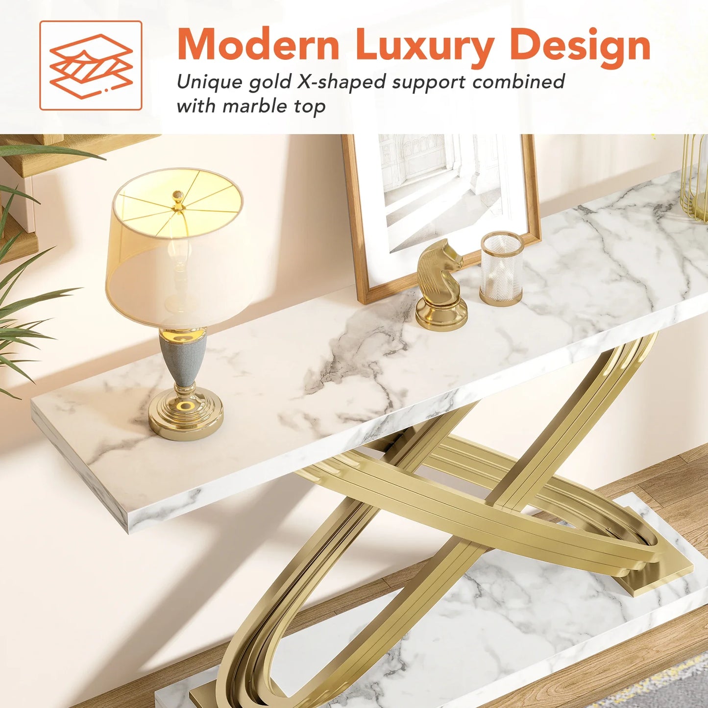 55 Inch Modern Console Table, Faux Marble Gold Entryway Table Behind Sofa Couch, Narrow Rectangular Sofa Table