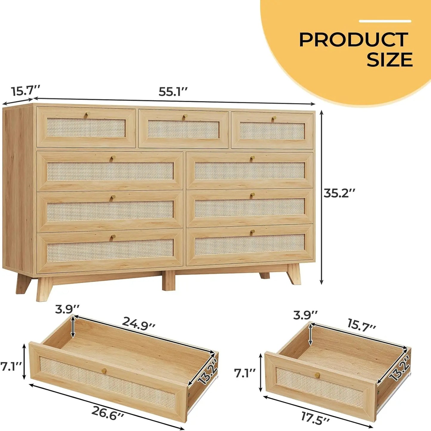 9 Drawer Modern Wooden/ Rattan Dresser for Bedroom