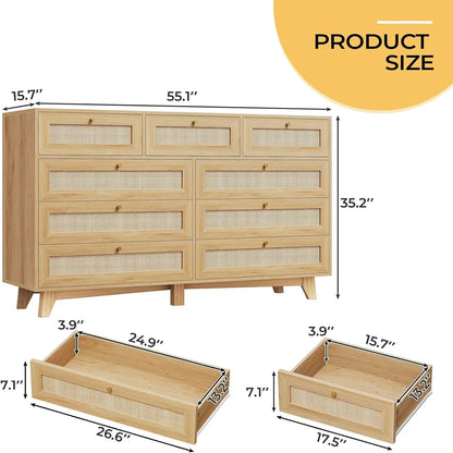 9 Drawer Modern Wooden/ Rattan Dresser for Bedroom