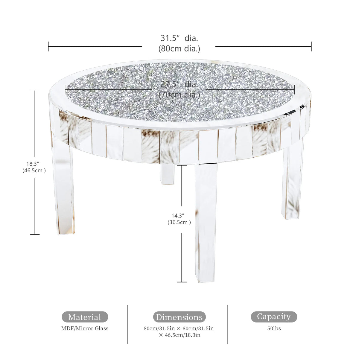 Large Round Mirrored Coffee Table Beveled Bling Crushed Diamond End Table
