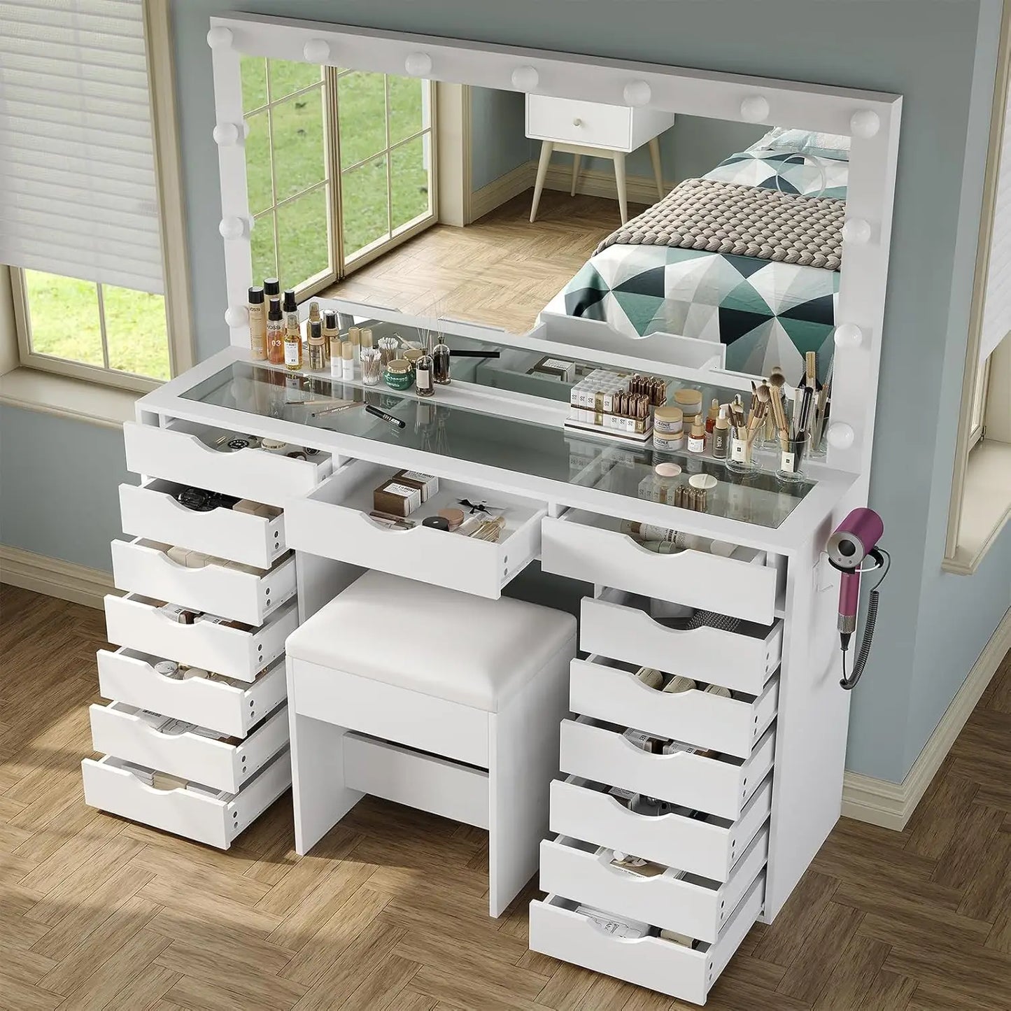 Vanity Desk with Mirror and Lights, Makeup Table with Charging Station, 3 Color Lighting Modes, 15 Drawers Dressing Table