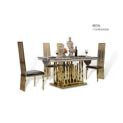 Luxury Marble Dining Table Set with Gold Stainless Steel Frame, Dining Room Table with Sea Shell and High-Back Chairs