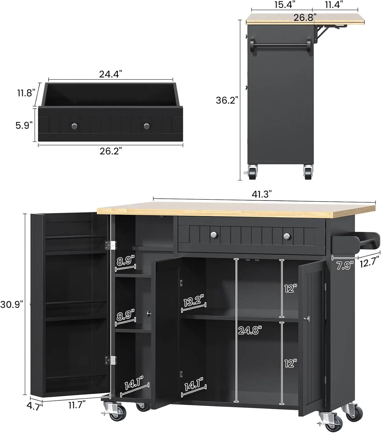 Kitchen Island with Drop Leaf, Island Table on Wheels with Storage Cabinet, Modern Sideboard Buffet with Doors, Rolling