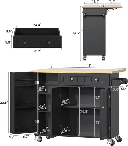 Kitchen Island with Drop Leaf, Island Table on Wheels with Storage Cabinet, Modern Sideboard Buffet with Doors, Rolling
