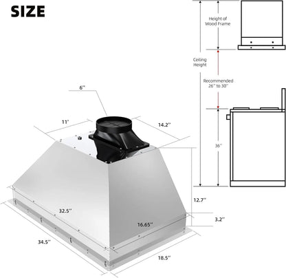30/36 Inch Insert Range Hood with Voice/Gesture/Touch Control, 900 CFM Built-in Kitchen Hood Vent with 4 Speed Exhaust Fan