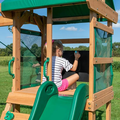 Wood Swing Set with Wave Slide, Play Deck, Rock Wall Ladder, Belt Swings, Chalkboard, Cano