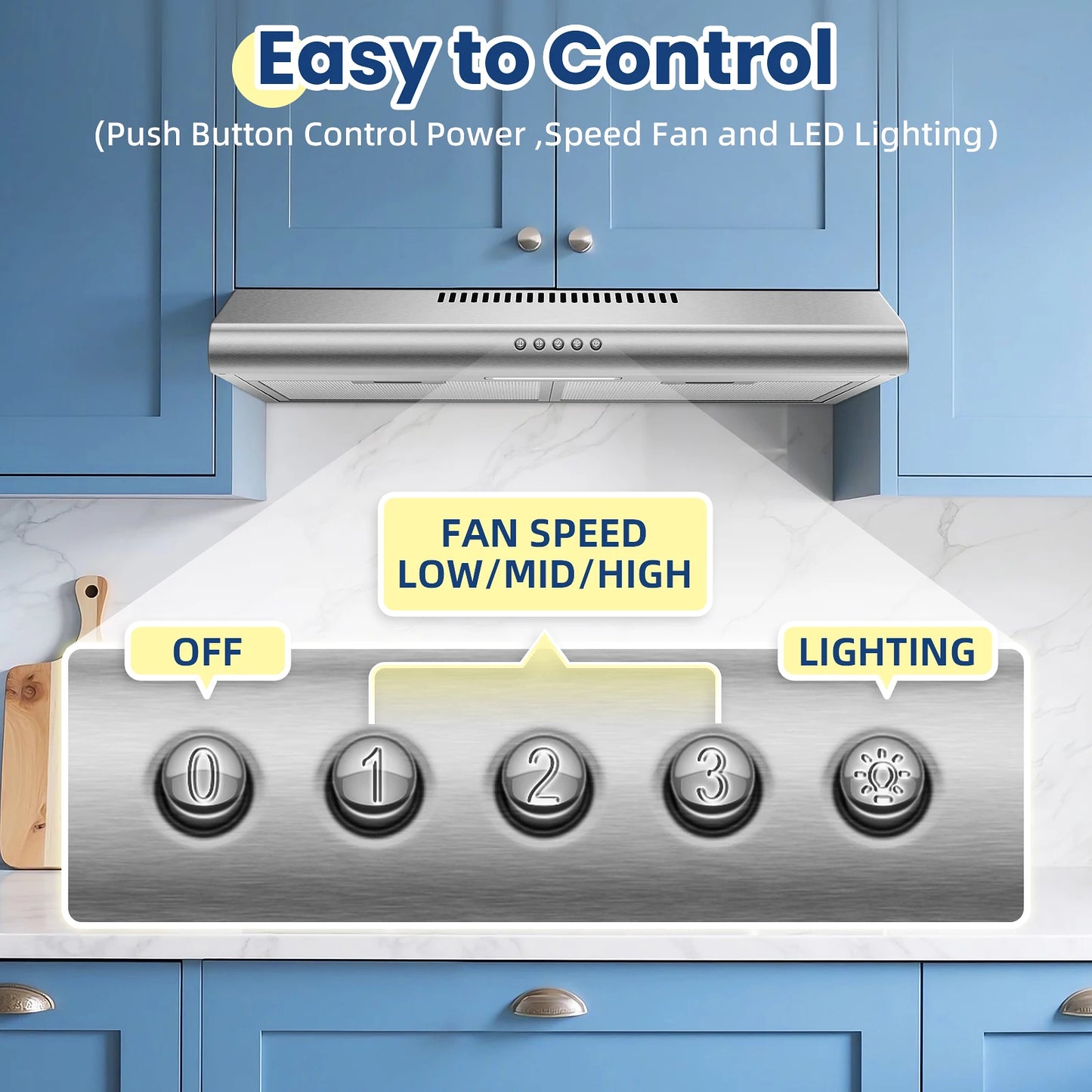 24in Under Cabinet 280CFM Stainless 3-Way Vent,LED Bulb,3-Speed, Easy Clean, A++ Energy 120V Range Hood