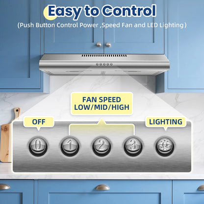 24in Under Cabinet 280CFM Stainless 3-Way Vent,LED Bulb,3-Speed, Easy Clean, A++ Energy 120V Range Hood