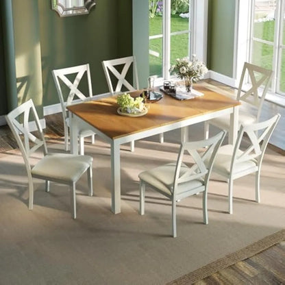 Solid Wood 7-Piece Farmhouse Dining Set with 6 Upholstered Chairs, 60" Space-Saving Table for Dining