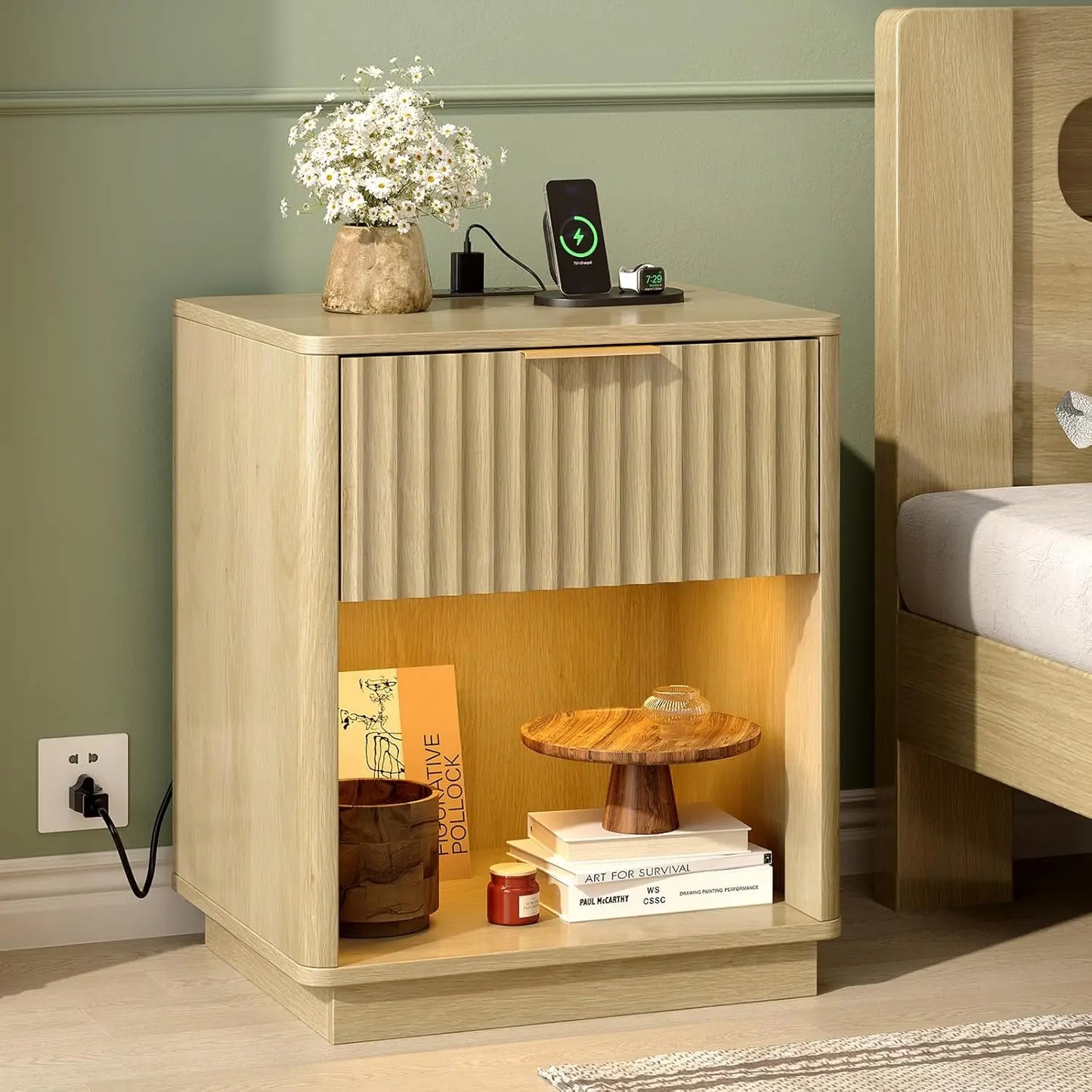 Nightstands Set of 2, 19"W Mid Century Modern Nightstand for Bedroom, Fluted Bed Side Table, Oak Night Stand