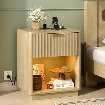Nightstands Set of 2, 19"W Mid Century Modern Nightstand for Bedroom, Fluted Bed Side Table, Oak Night Stand