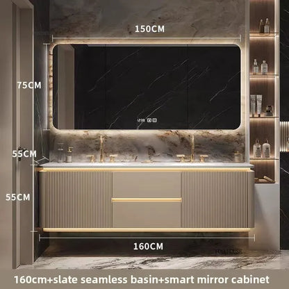 Luxury Bathroom Vanity Cabinets Set Modern Slate Single Double Basin Nordic Oak Storage Bathroom Drawer Slab Sink Mirror Cabinet