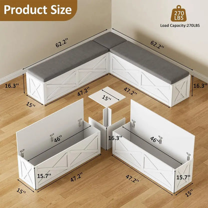 Storage Bench with Cushion, Farmhouse Corner Dining Bench, Kitchen Breakfast Nook Bench with Hidden Storage for Dining Room, En