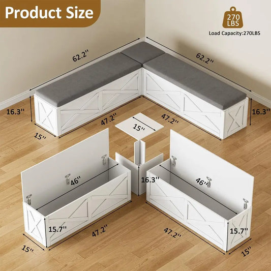 Storage Bench with Cushion, Farmhouse Corner Dining Bench, Kitchen Breakfast Nook Bench with Hidden Storage for Dining Room, En