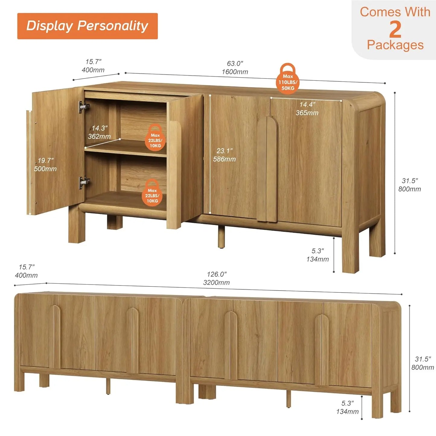 63" W Large Buffet Sideboard Cabinet with Storages, Modern Buffet Table Coffee Bar Wine Bar Storage Curved Cabinet, Customized