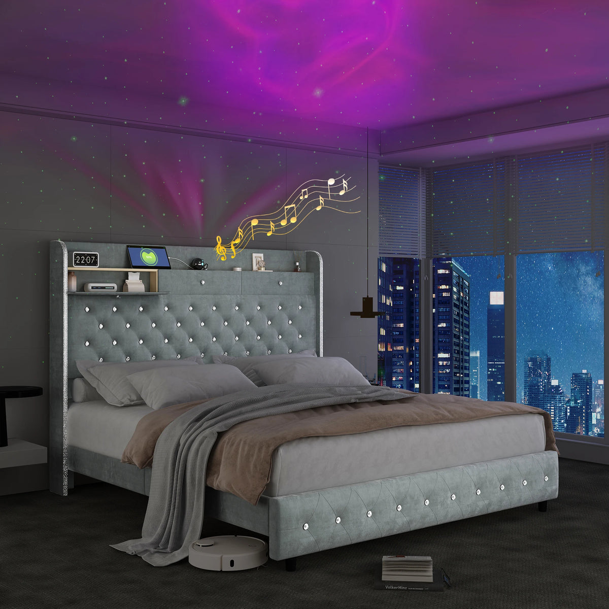 Queen Velvet Upholstered Platform Bed Frame with Galaxy Star Projector & Charging Station, 52" Ultra-Tall Crystal Button Tufted Headboard, Luxury Storage Bed, Noise-Free Design, No Box Spring Needed, Easy Assembly