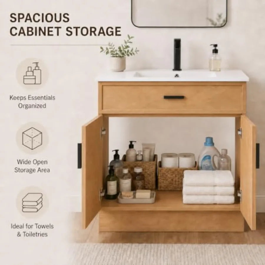 30 Inch Bathroom Vanity with Ceramic Sink and Countertop, Water-Resistant Wood Cabinet with 2 Soft-Closing Doors, White Finish