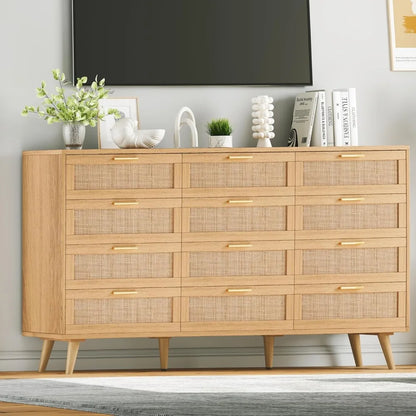 12 Drawer Double Dresser for Bedroom, Rattan Chest of Dressers, Modern Wooden Dresser Chest with Golden Handles