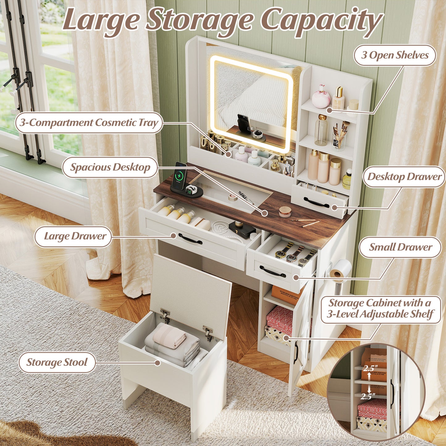 Vanity Desk w/ Mirror & Power Outlets Dressing Table w/ 3 Color lighting