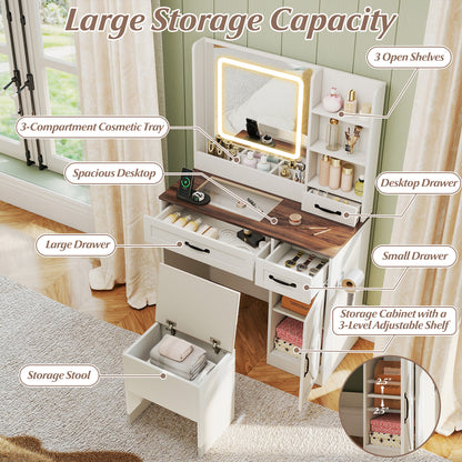 Vanity Desk w/ Mirror & Power Outlets Dressing Table w/ 3 Color lighting